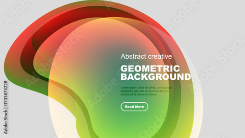 Abstract fluid shapes overlap, creating vibrant color gradients. Text promotes geometric background design, inviting further exploration.