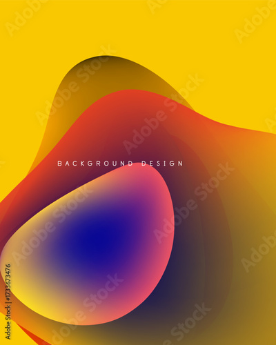 Abstract fluid shapes overlap, vibrant colors blend. Yellow backdrop complements red, purple hues. Modern design element.