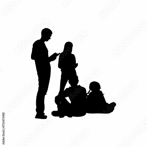 Silhouette of volunteers guiding teenagers reading aloud isolated on white background