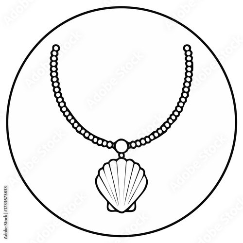 Simple outline drawing of a beaded necklace with a seashell pendant inside a circle.