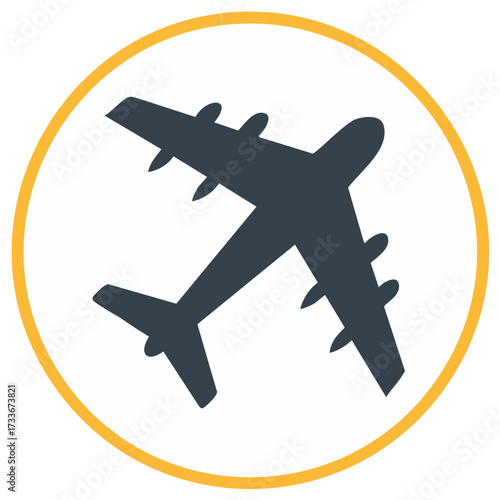 Stylized dark gray jet airplane icon with four engines within a yellow circle