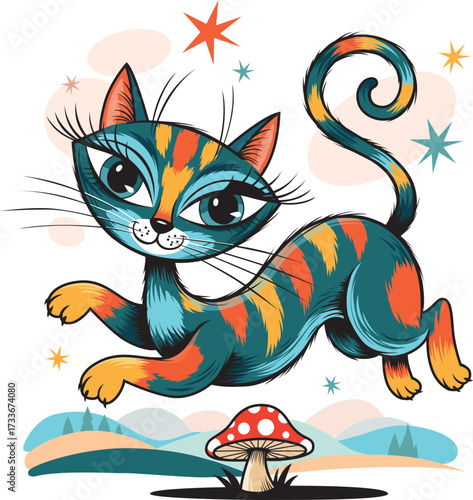 Whimsical Colorful Cat Jumping Over Mushroom in Fantasy Landscape