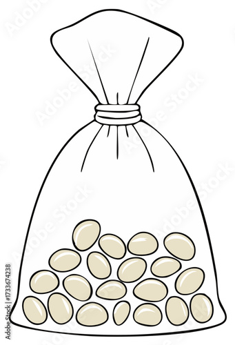 Cartoon illustration of a plastic bag filled with white beans or soybeans
