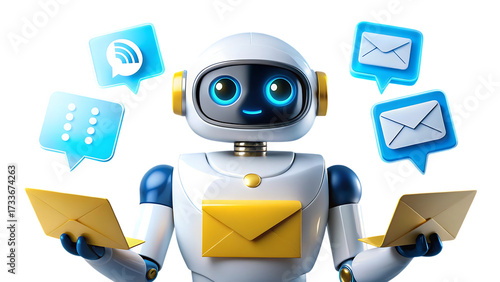 A white robot with yellow accents is managing emails and messages isolated on transparent background, showcasing modern communication