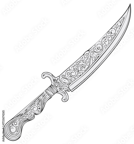 Ornate medieval fantasy dagger with intricate engraved scrollwork a detailed vector illustration