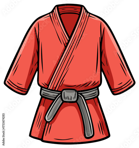 Cartoon Illustration of a Red Karate Gi with a Grey Belt, Martial Arts Uniform