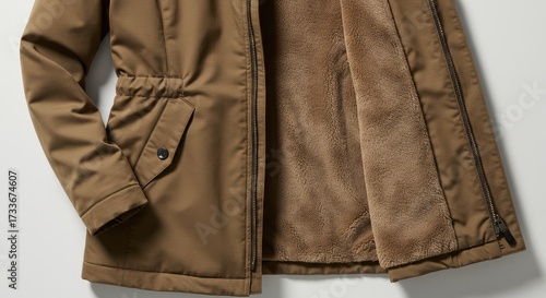 Close-up of a warm, brown, lined winter jacket