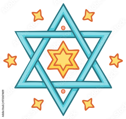 Stylized Blue Star of David with Golden Stars Hanukkah Decoration