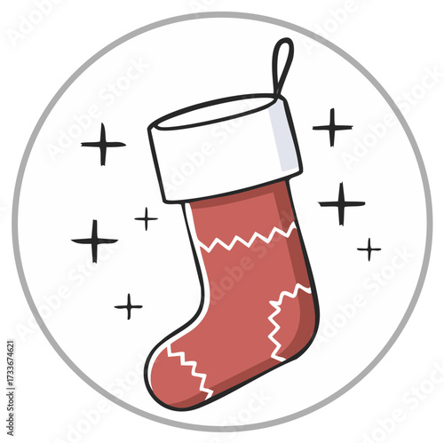 Red Christmas Stocking with Stars in Circle for Holiday Icon Illustration