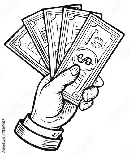 Hand holding money. Sketch of a person's arm with dollars. Isolated illustration.
