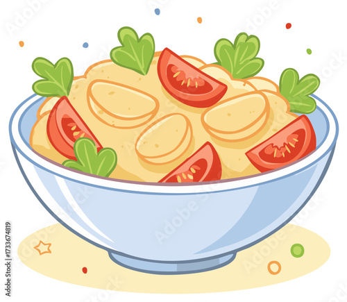 Cartoon Salad Bowl with Pasta, Tomatoes and Greens for Kids Nutrition