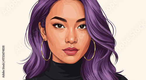 Modern vector illustration of a confident young woman with vibrant purple hair and elegant gold hoop earrings, showcasing contemporary style and individuality with a bold aesthetic