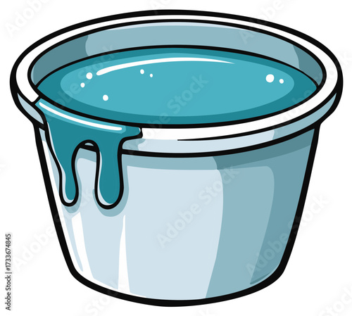 Cartoon style bucket filled with light blue liquid dripping down the side simple graphic illustration