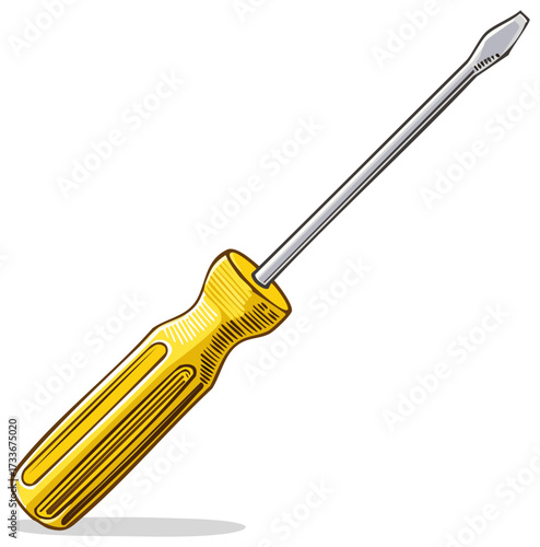 Cartoon flat-head screwdriver with yellow plastic grip for hand-tool applications