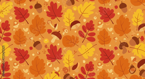 Vibrant autumn pattern featuring colorful leaves, acorns, and mushrooms, perfect for festive seasonal designs and cozy fall themes.