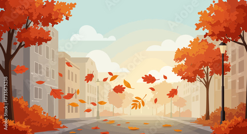 Vibrant autumn leaves gracefully fall along a charming city street lined with trees and buildings creating a picturesque seasonal scene