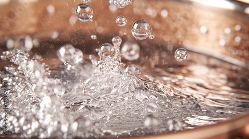 Boiling water bubbles explosive splashing motion drops crystal clear violent agitation dynamic culinary kitchen action