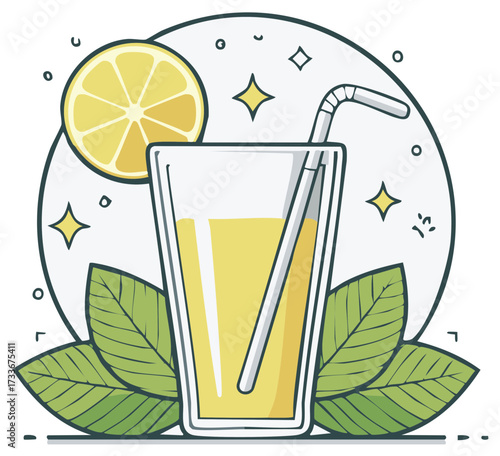 Cartoon Lemonade Illustration with Lemon Slice and Mint Leaves