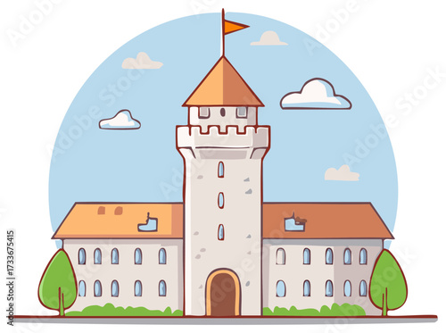 Cartoon castle illustration with turret and flag surrounded by stylized trees and fluffy clouds