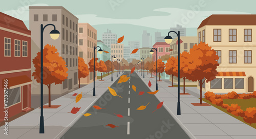 Vibrant autumn street scene with falling leaves and charming city buildings creating a cozy, picturesque atmosphere