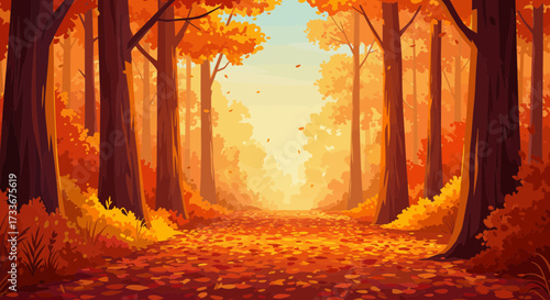 Golden autumn forest path carpeted with vibrant leaves, bathed in warm, glowing sunlight creating an inviting, serene woodland scene.