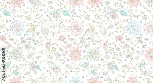 A delicate and intricate floral pattern with a soft pastel color palette, featuring small flowers and swirling vines on a white background.