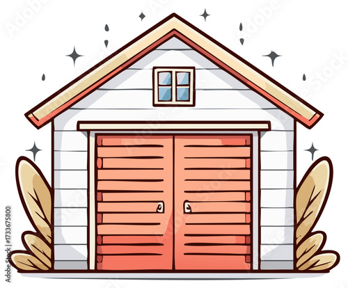 Cartoon garage illustration, building with closed doors and leaf decoration.