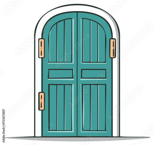 Arch Top Teal Double Door with Wood Paneling and Metal Hinges