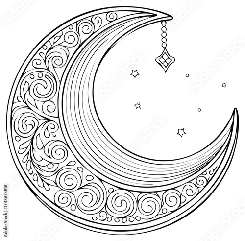 Crescent Moon with Floral Swirls and Stars, Line Art Design, Isolated on White