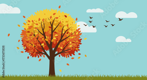 Vibrant autumn tree sheds colorful leaves as birds migrate across a serene sky with fluffy clouds