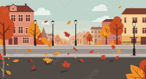 Vibrant autumn street scene with falling leaves, charming buildings, and classic lampposts creating a cozy, nostalgic atmosphere perfect for seasonal promotions.