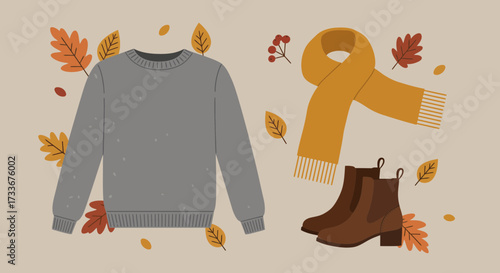 Cozy autumn fashion essentials featuring a warm sweater, stylish scarf, and comfortable boots surrounded by falling leaves