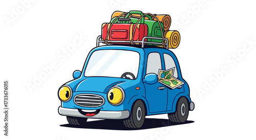 A happy blue cartoon car loaded with luggage and a map, ready for a fun summer road trip. An illustration of a travel adventure and family vacation journey