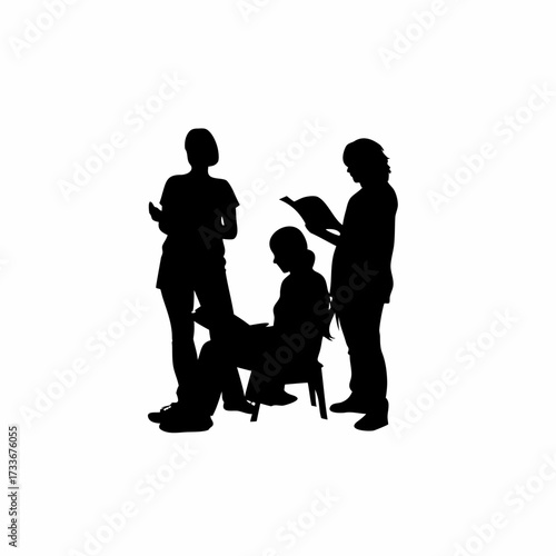 Silhouette of volunteers helping women read in a community center isolated on white background