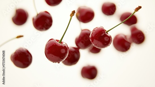 Cherry fall mid air red cherries with stems falling motion white background water droplets natural lighting perfect texture dynamic culinary photography