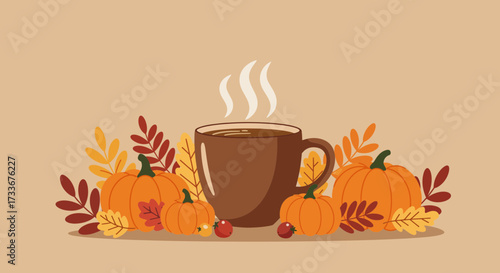 Cozy autumn scene features steaming coffee cup surrounded by vibrant pumpkins and falling leaves, perfect for seasonal promotions and warm greetings.