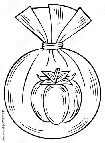 Illustration of a tied sack with a pumpkin emblem for autumn holiday celebration