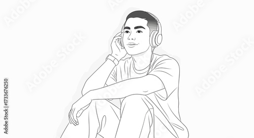 Minimalist line art illustration of a tranquil young man wearing headphones, enjoying music, symbolizing personal audio and contemporary leisure activities