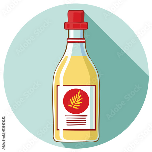 Food ingredient bottle with yellow contents red cap and leaf label flat design