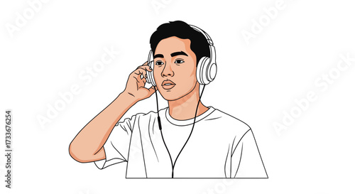 Illustration of a young man with headphones listening to music, in a clean modern style