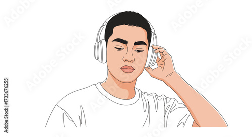 Young man immersed in the serene world of music, enjoying an audio experience with headphones, finding peace and focused concentration through sound and rhythm