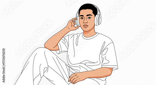 Minimalist vector illustration of a young man in casual clothes sitting and listening to music on headphones, embodying a relaxed and modern lifestyle