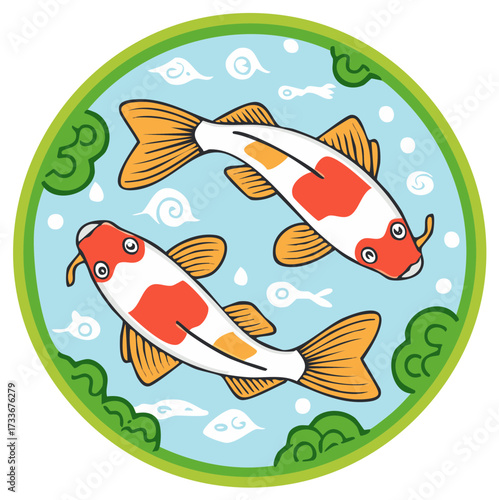Colorful Cartoon Illustration of Two Japanese Koi Fish Swimming in a Zen Pond