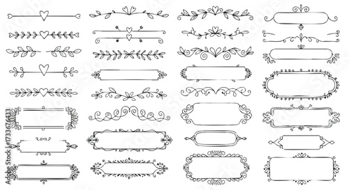 A large collection of hand-drawn decorative elements including text dividers, borders, and ornate frames.