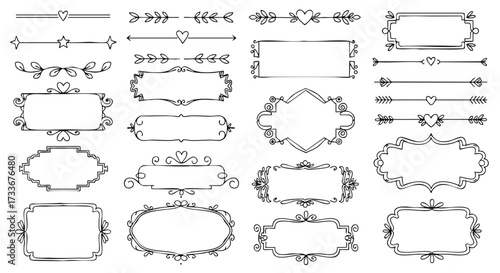 Set of ornamental decorative frames and borders with hearts and floral elements, perfect for invitations and design projects