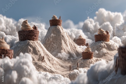 Cupcake Mountain Range in Dreamy Cloudscape, Sweet Fantasy.