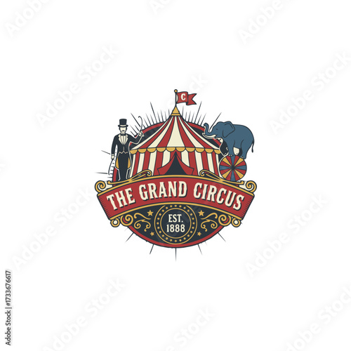 Vintage Grand Circus Logo Design with Tent, Ringmaster, and Elephant

