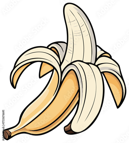 Peeled cartoon banana illustration isolated ripe yellow fruit healthy food snack delicious tropical