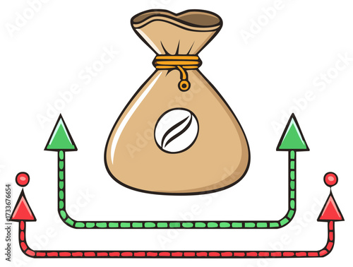 Coffee bean sack and directional arrows with green and red lines concept