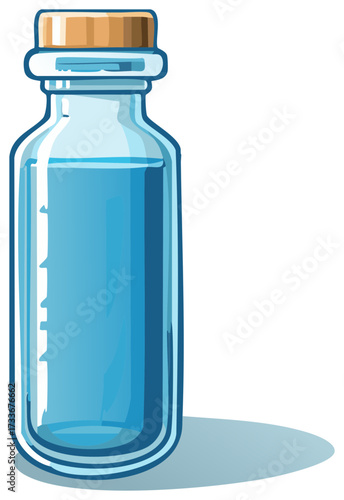 Water bottle illustration of a filled transparent glass bottle with a cork stopper on top